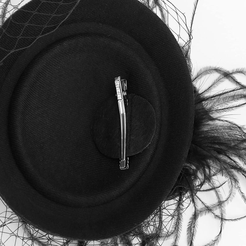 DRESHOW قبعة فاسيناتور مزينة بالريش مع رباط رأس للنساء، قبعات حفلات الشاي مع مشبك وزهرة لرأس الفتيات والنساء - Image 5